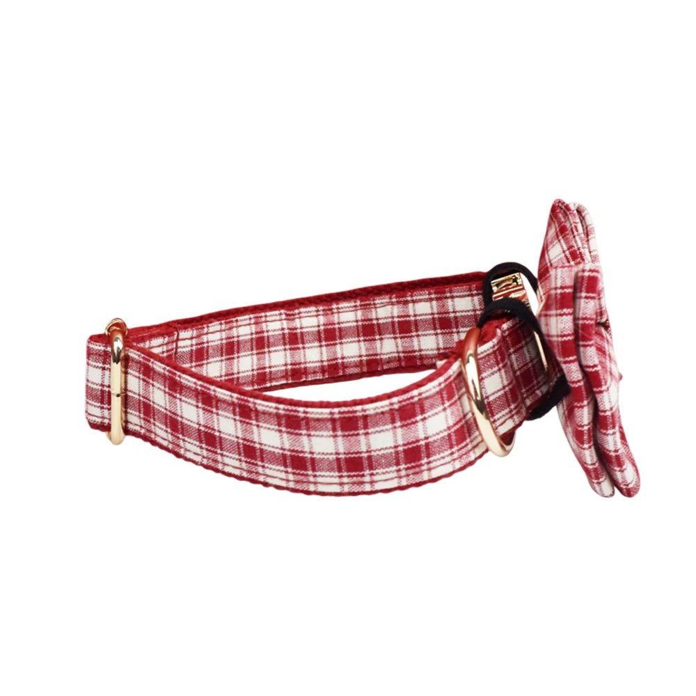 Petspuff Personalised Red Plaid Dog Collar, Harness & Lead Set – Engraved Name Tag & Bow | Style 28