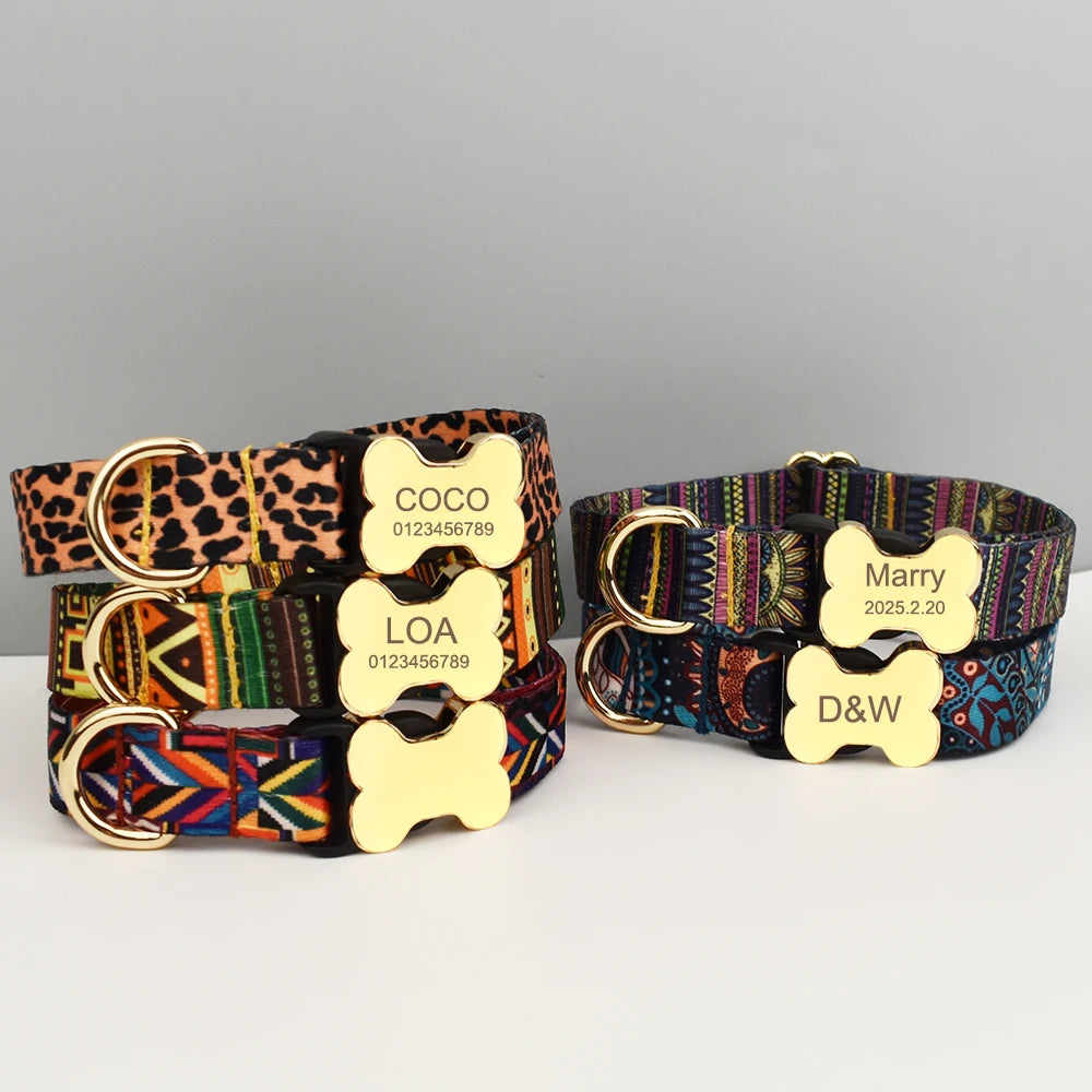 Petspuff Personalised Boho Dog Collar & Lead – Engraved Nameplate | 5 Designs, S–XL