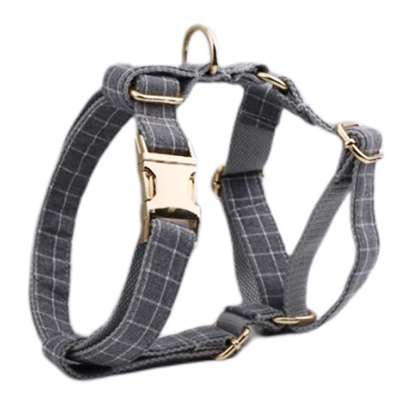 Petspuff Personalised Grey Check Dog Collar, Harness & Lead Set – Engraved Name Tag, Bow & Poop Bag Holder