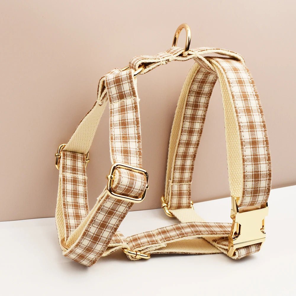 Petspuff Personalised Plaid Dog Collar, Harness & Lead Set – Engraved Nameplate & Bow | XS–XL