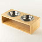 Petspuff Double Stainless Steel Pet Bowls in Wooden Stand – Raised Food & Water Station | Large 2 × 13cm
