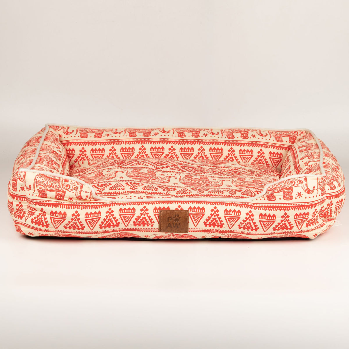 Petspuff Lucky Elephant Pet Bed – Patterned Padded Bolster Bed | Red, 60cm