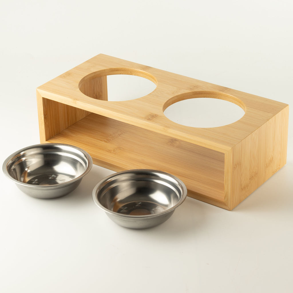 Petspuff Double Stainless Steel Pet Bowls in Wooden Stand – Raised Food & Water Station | Large 2 × 13cm