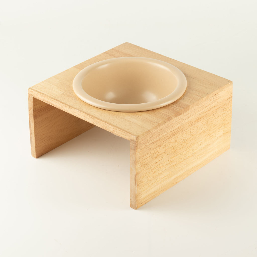 Petspuff Ceramic Pet Bowl in Wooden Stand – Raised Cream Feeder for Cats & Dogs | 14cm