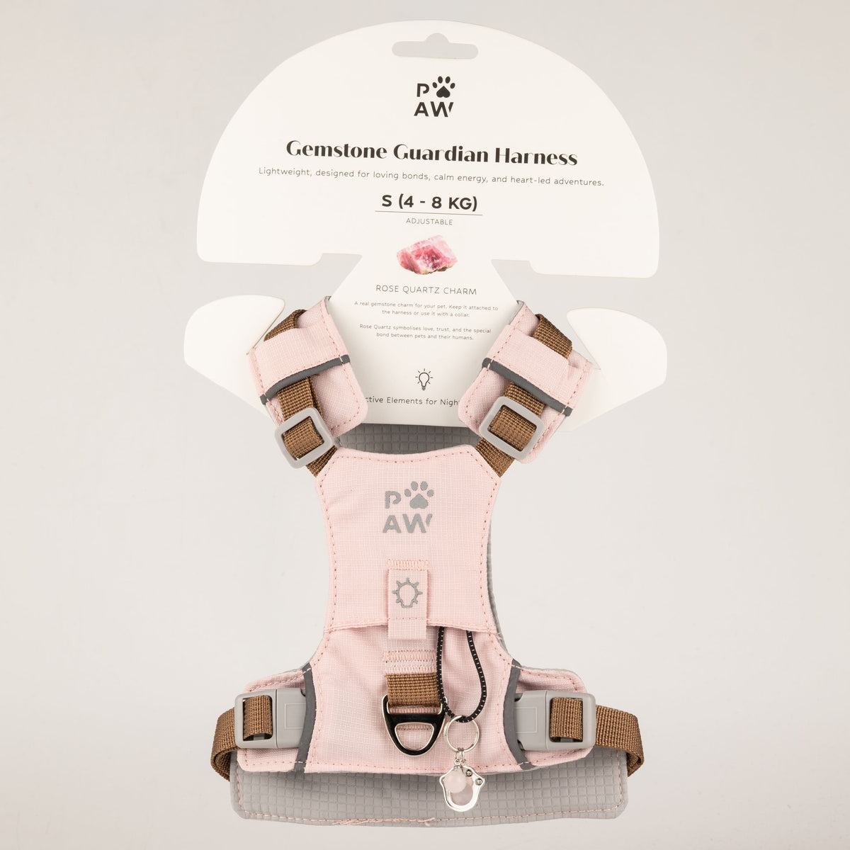 Petspuff Gemstone Guardian Step-in Dog Harness – Reflective, Rose Quartz Charm | Soft Pink, S 4–8kg