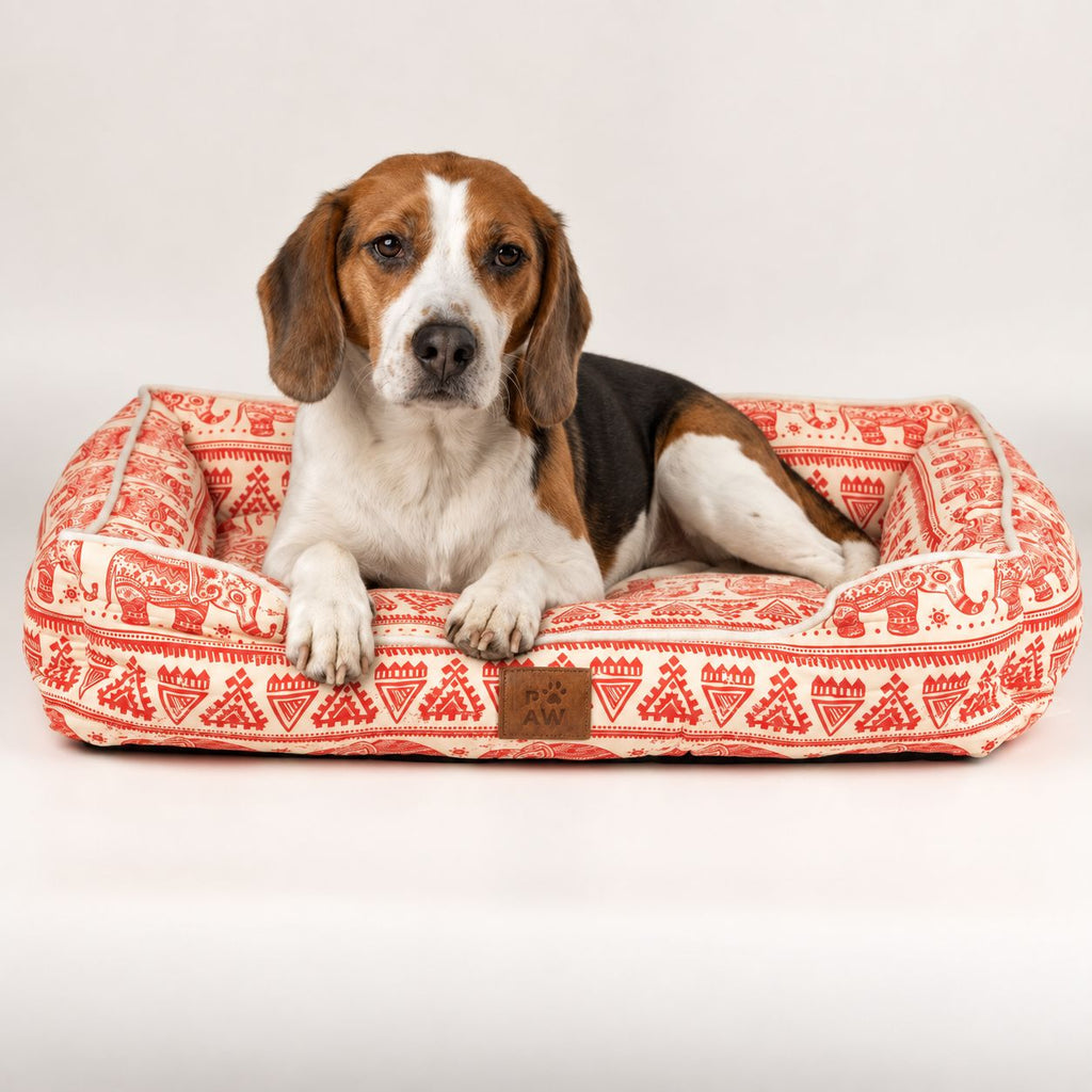 Petspuff Lucky Elephant Pet Bed – Patterned Padded Bolster Bed | Red, 60cm