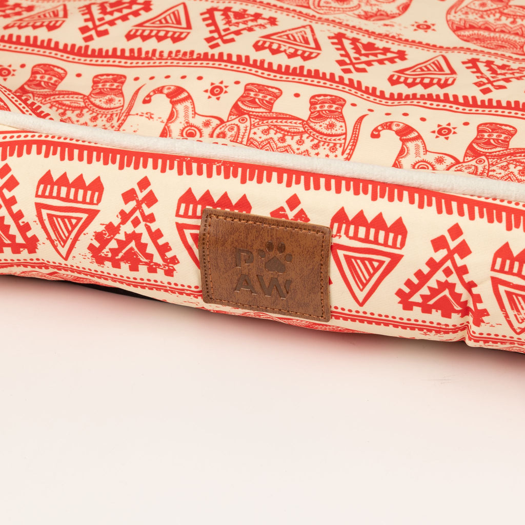 Petspuff Lucky Elephant Pet Bed – Patterned Padded Bolster Bed | Red, 60cm