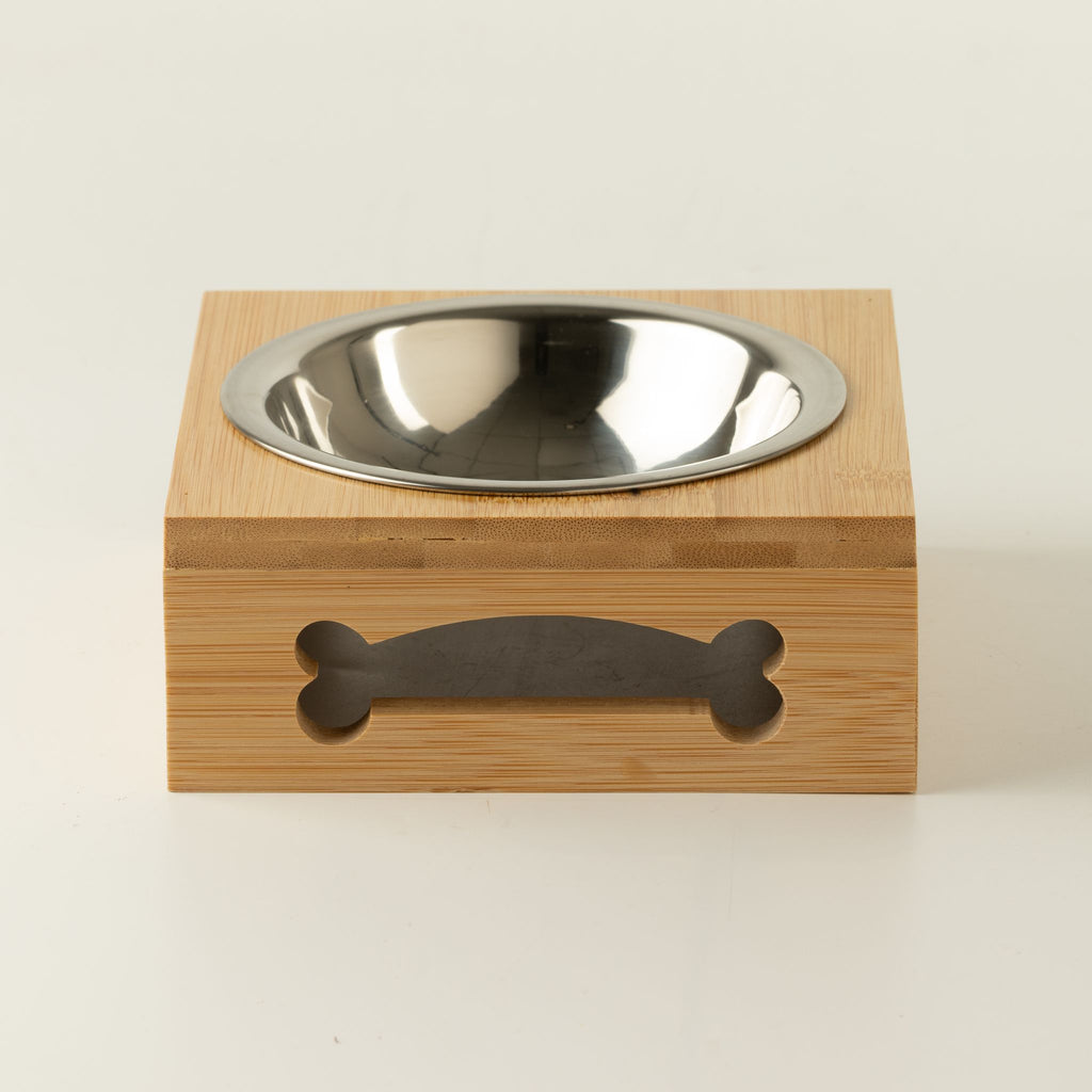 Petspuff Stainless Steel Pet Bowl in Wooden Stand – Raised Feeder for Cats & Small Dogs | 12cm