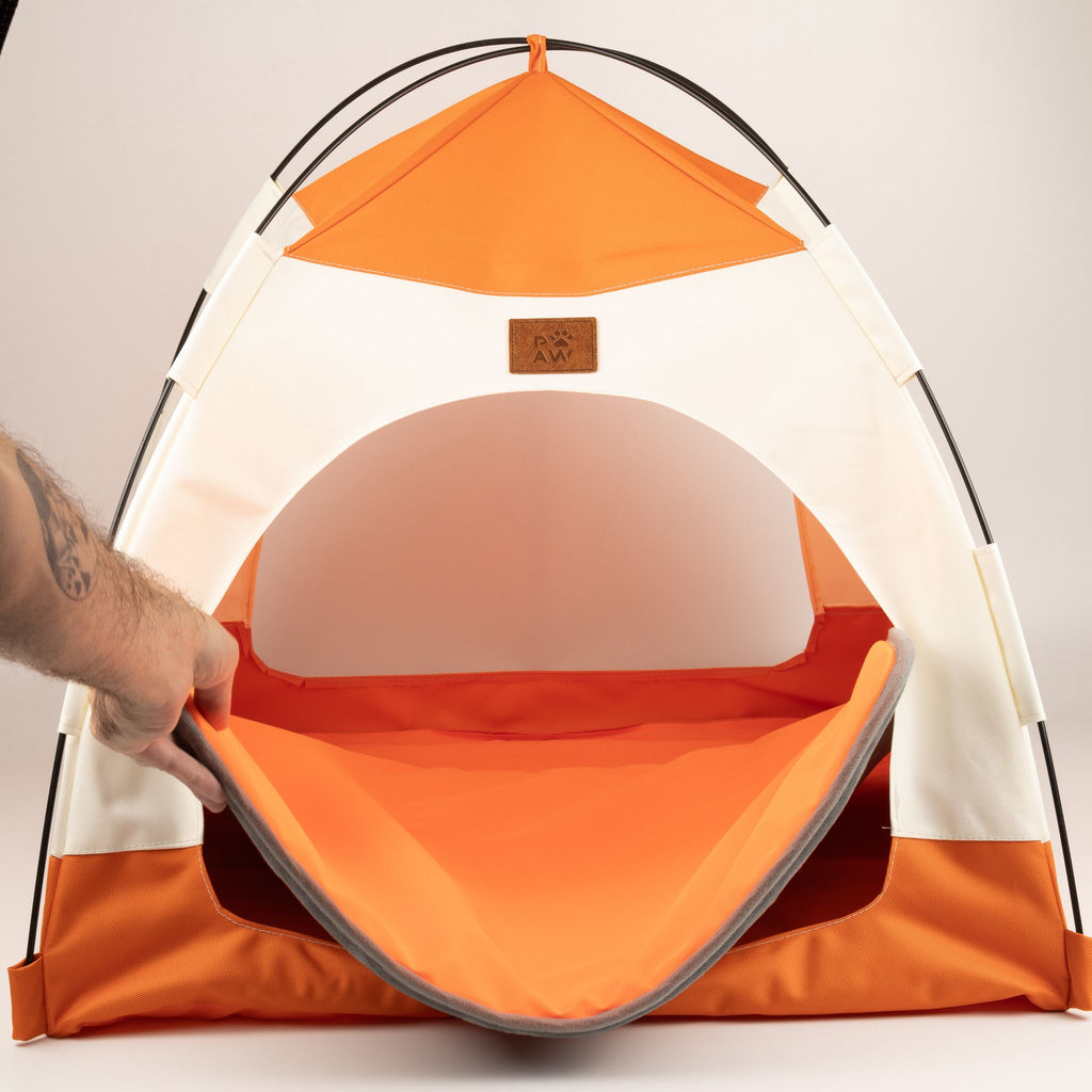 Petspuff Cosy Pet Tent Bed – Covered Hideaway Den with Cushion | Beige & Orange, 58cm