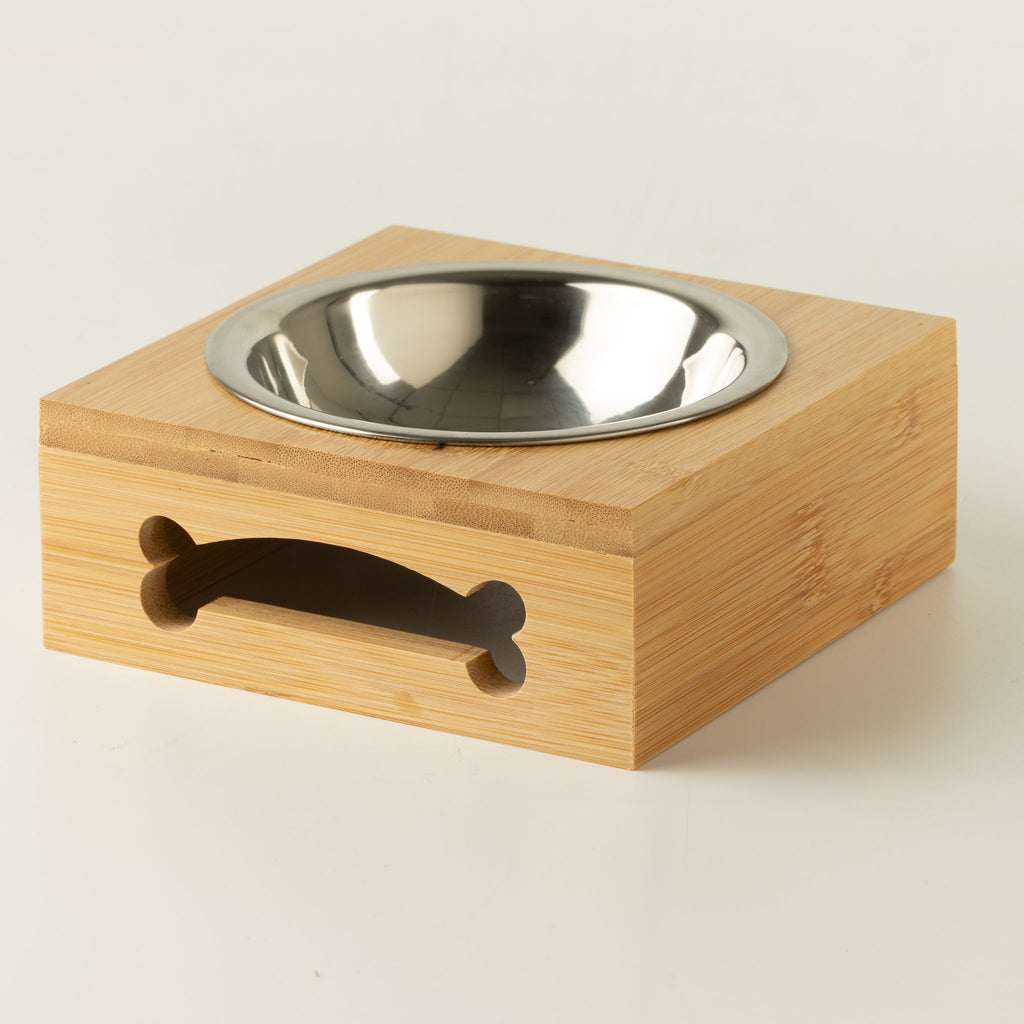 Petspuff Stainless Steel Pet Bowl in Wooden Stand – Raised Feeder for Cats & Small Dogs | 12cm