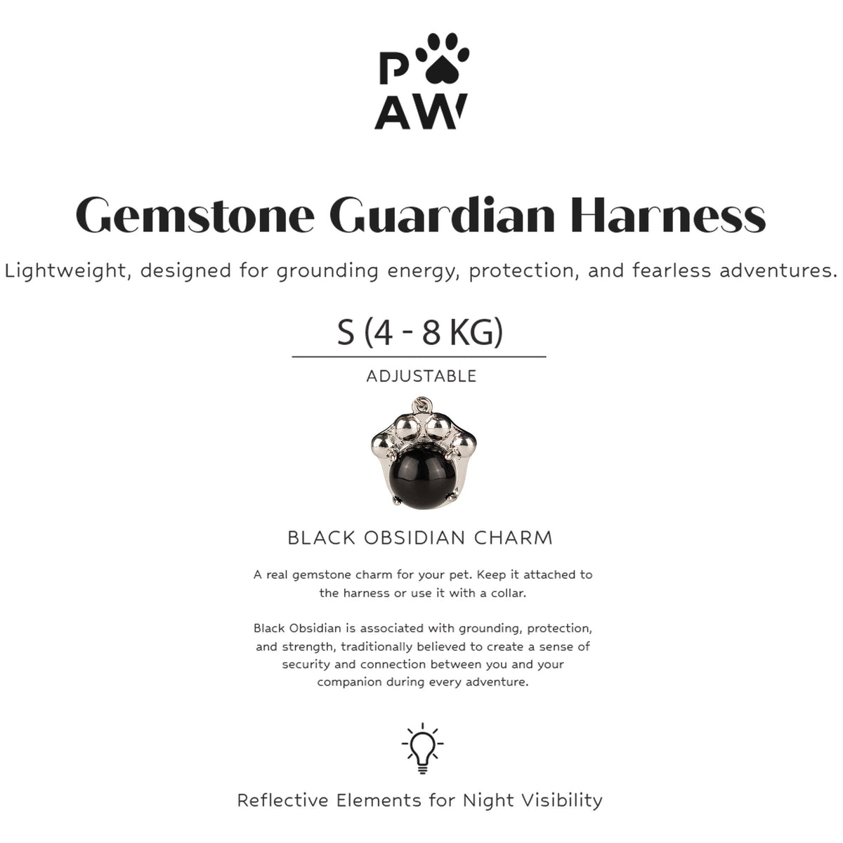 Petspuff Gemstone Guardian Step-in Dog Harness – Reflective, Black Obsidian Charm | Rock Grey, S 4–8kg