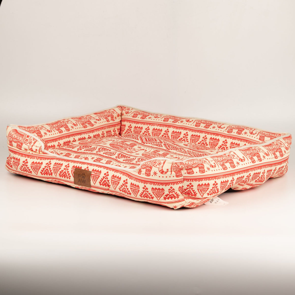 Petspuff Lucky Elephant Pet Bed – Patterned Padded Bolster Bed | Red, 60cm