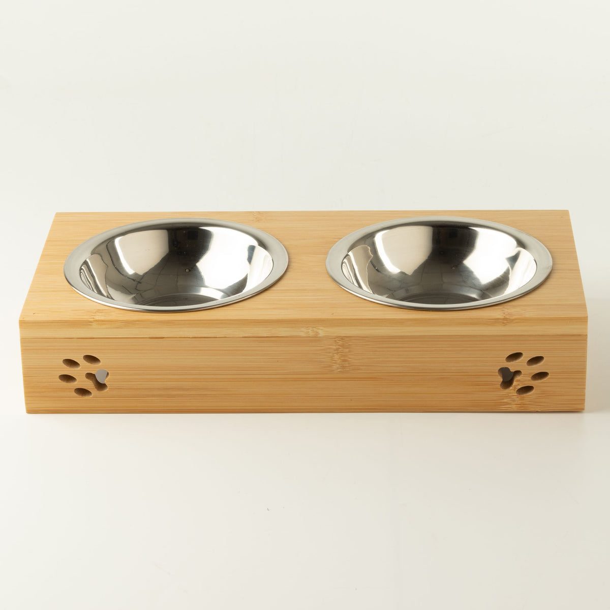 Petspuff Double Stainless Steel Pet Bowls in Wooden Stand – Raised Food & Water Station | 2 × 12cm