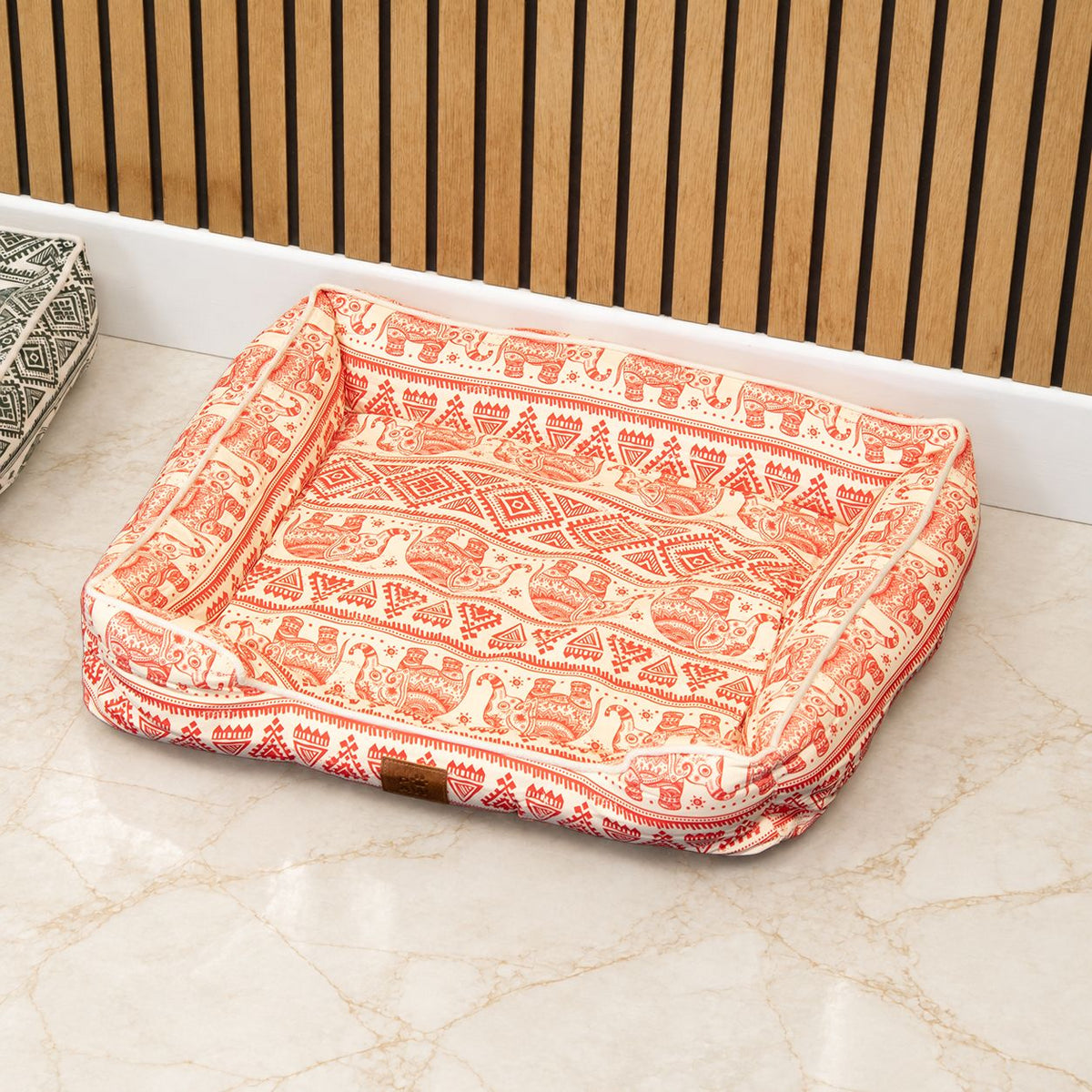 Petspuff Lucky Elephant Pet Bed – Patterned Padded Bolster Bed | Red, 60cm