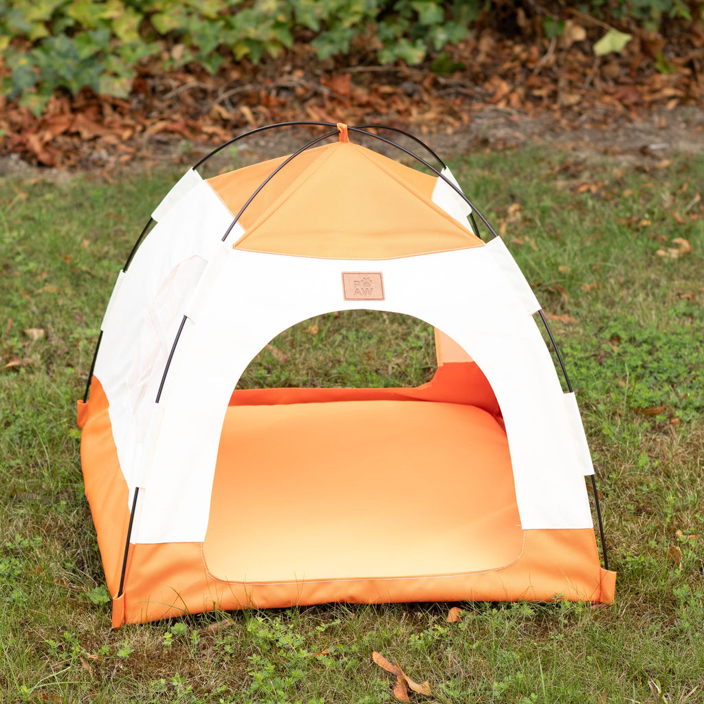 Petspuff Cosy Pet Tent Bed – Covered Hideaway Den with Cushion | Beige & Orange, 58cm