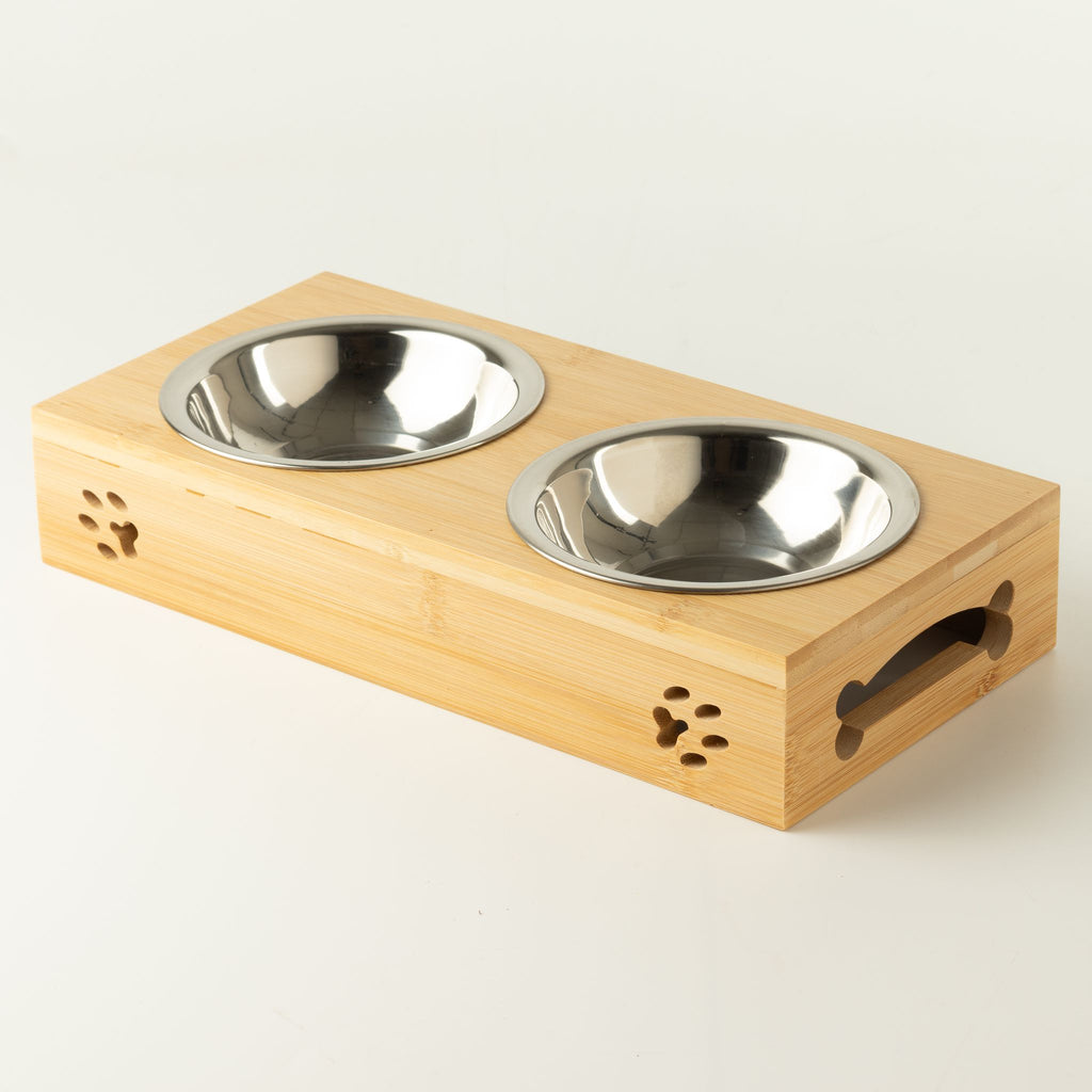 Petspuff Double Stainless Steel Pet Bowls in Wooden Stand – Raised Food & Water Station | 2 × 12cm