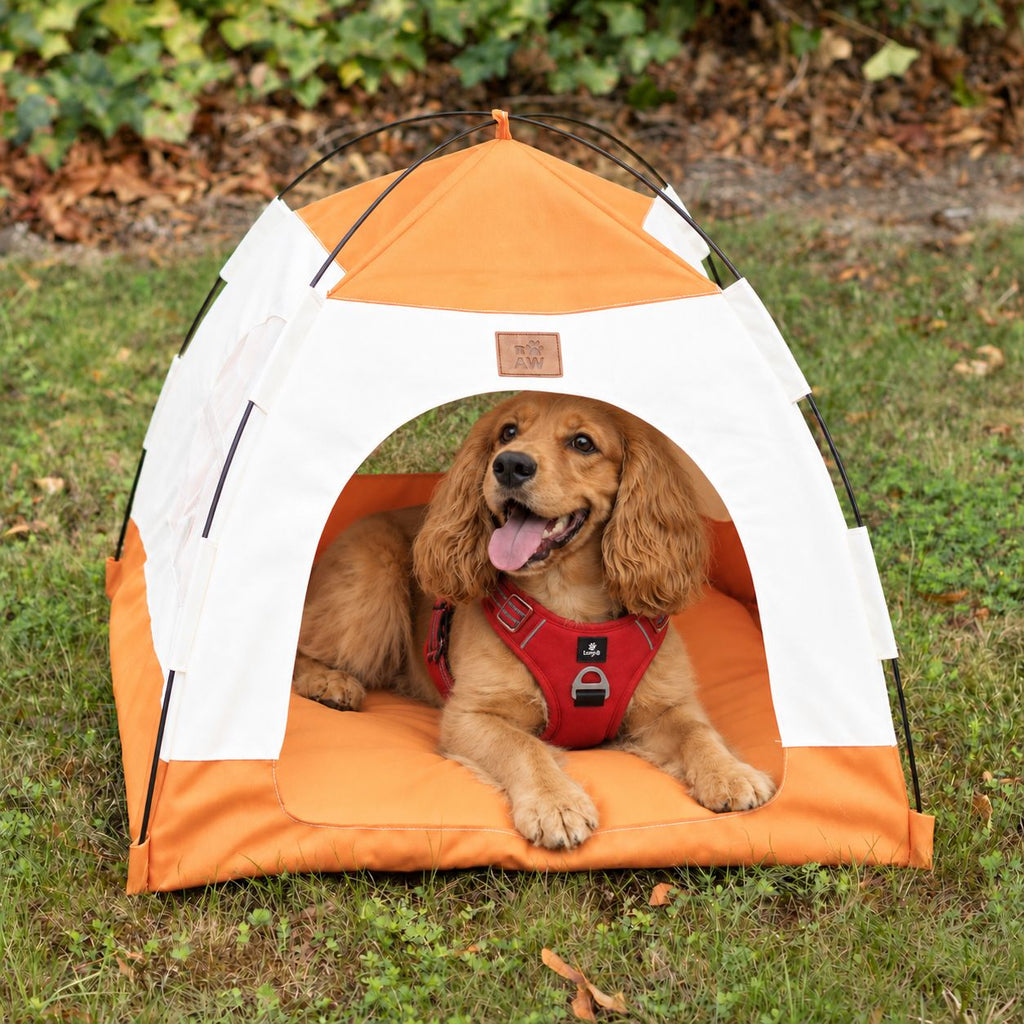 Petspuff Cosy Pet Tent Bed – Covered Hideaway Den with Cushion | Beige & Orange, 58cm
