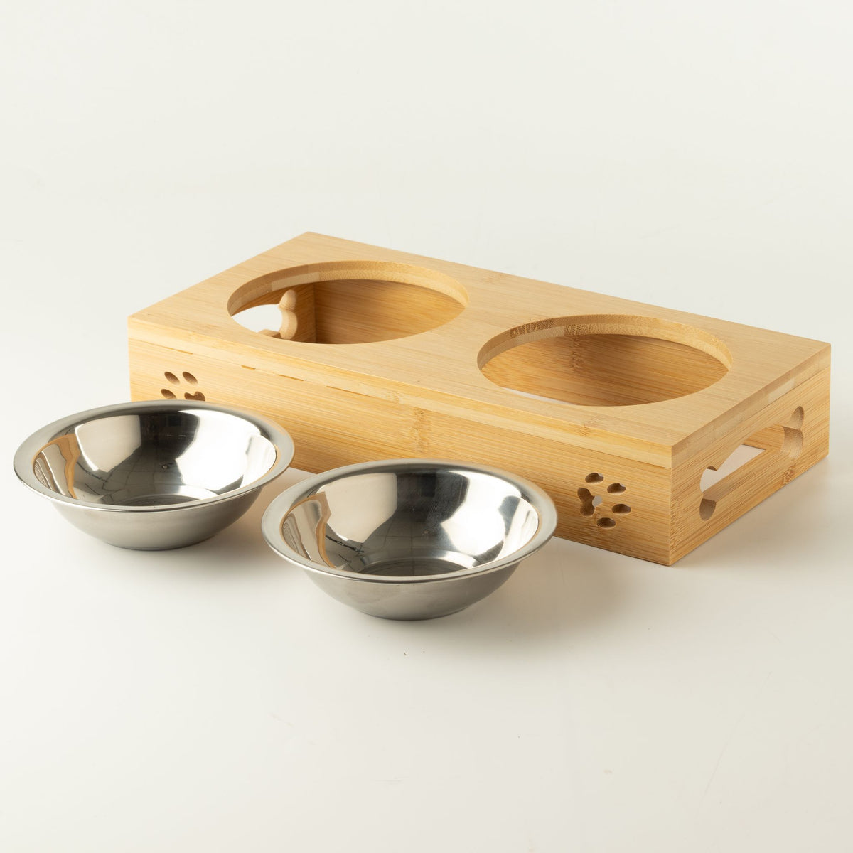 Petspuff Double Stainless Steel Pet Bowls in Wooden Stand – Raised Food & Water Station | 2 × 12cm