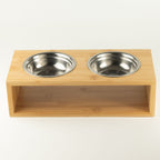 Petspuff Double Stainless Steel Pet Bowls in Wooden Stand – Raised Food & Water Station | Large 2 × 13cm
