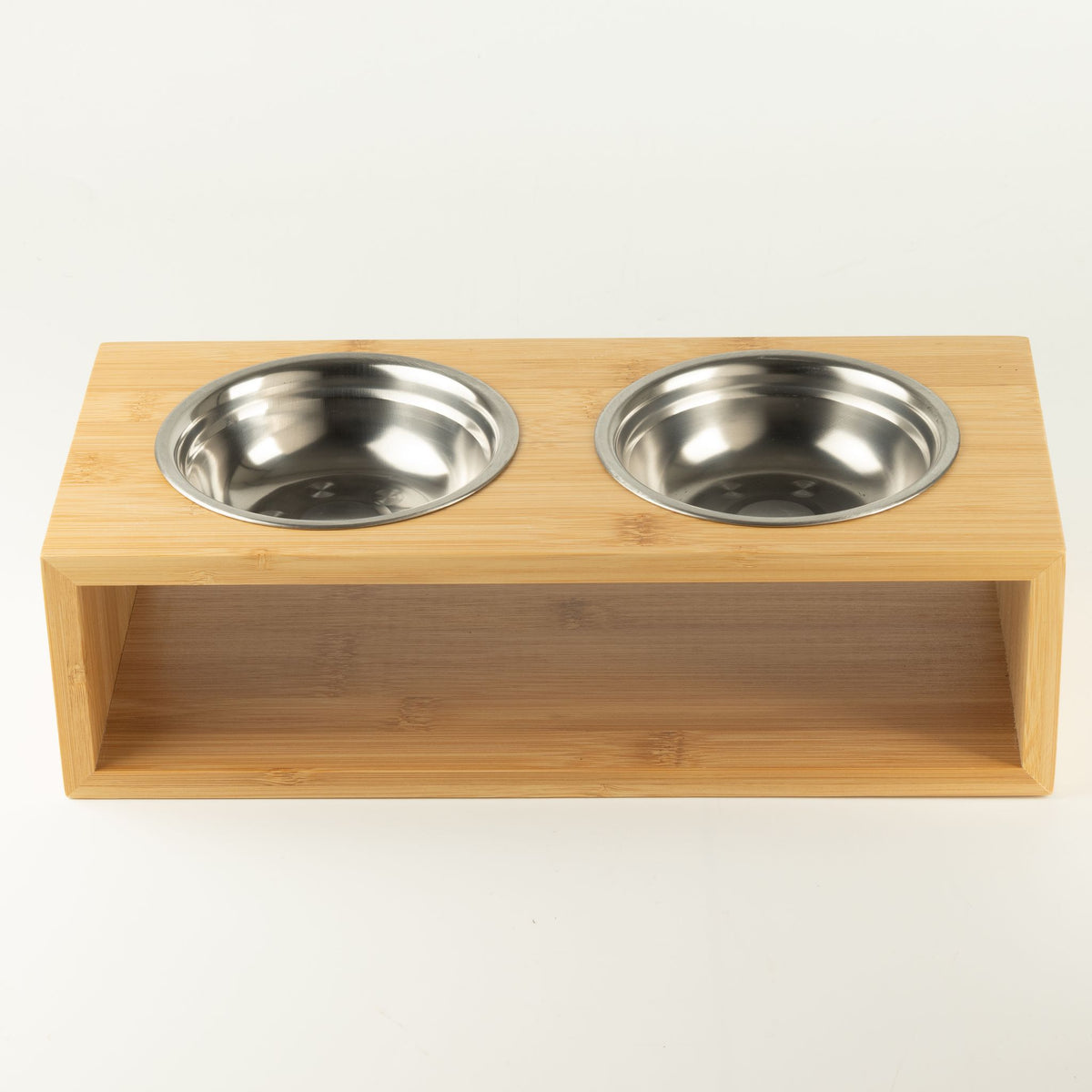 Petspuff Double Stainless Steel Pet Bowls in Wooden Stand – Raised Food & Water Station | Large 2 × 13cm