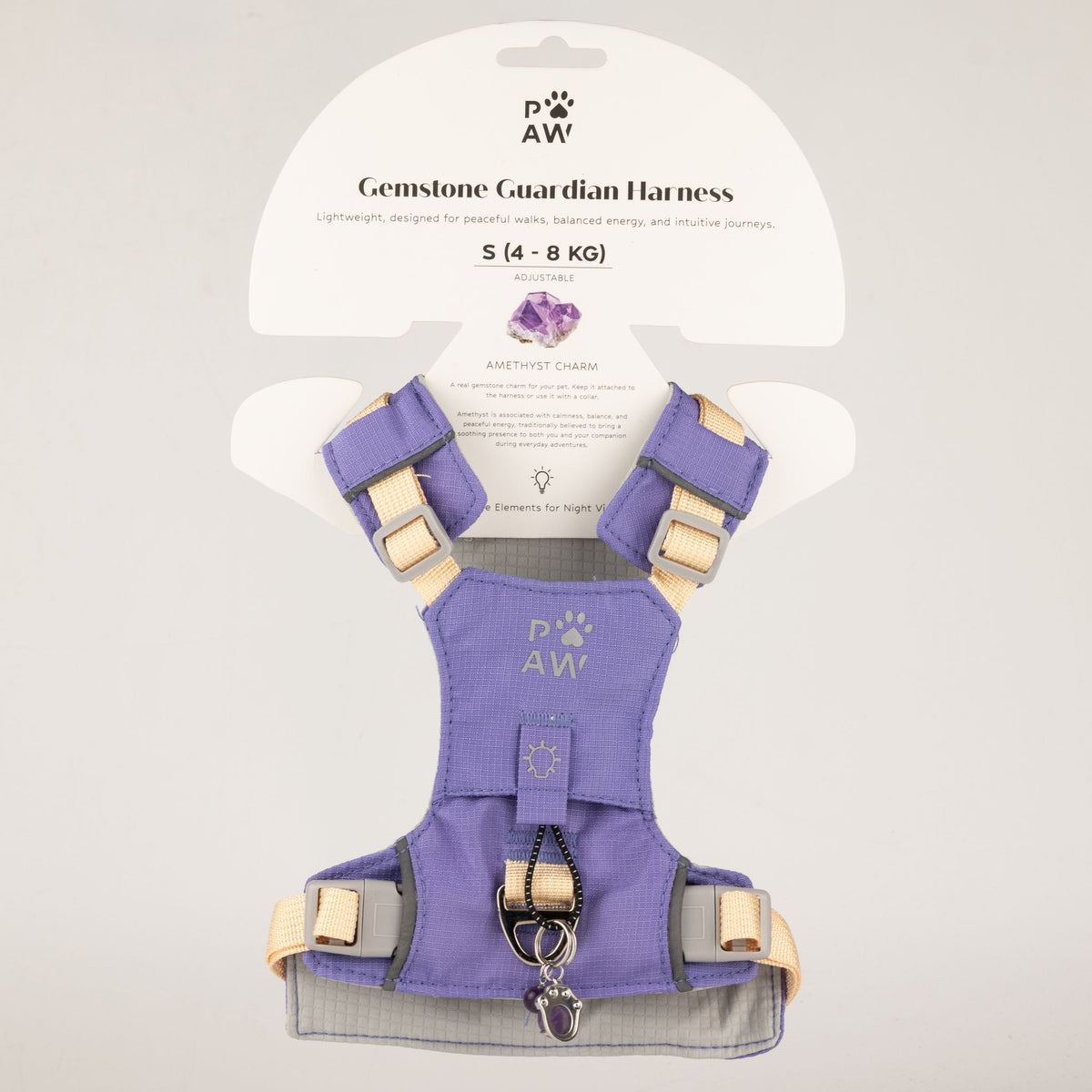 Petspuff Gemstone Guardian Step-in Dog Harness – Reflective, Amethyst Charm | Lavender, S 4–8kg