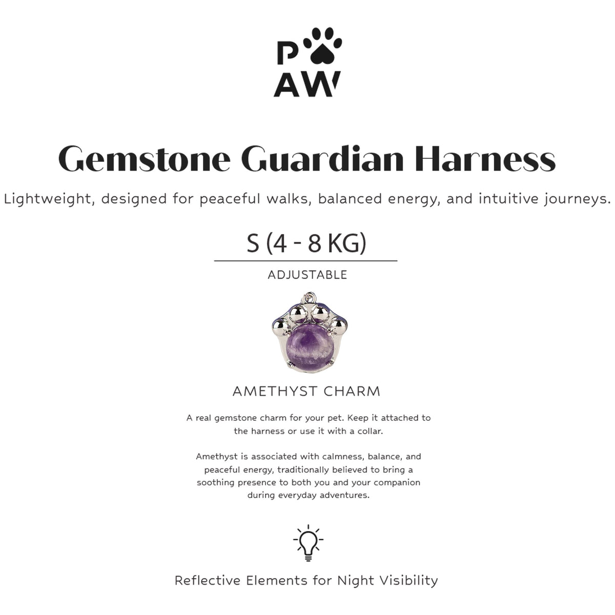 Petspuff Gemstone Guardian Step-in Dog Harness – Reflective, Amethyst Charm | Lavender, S 4–8kg