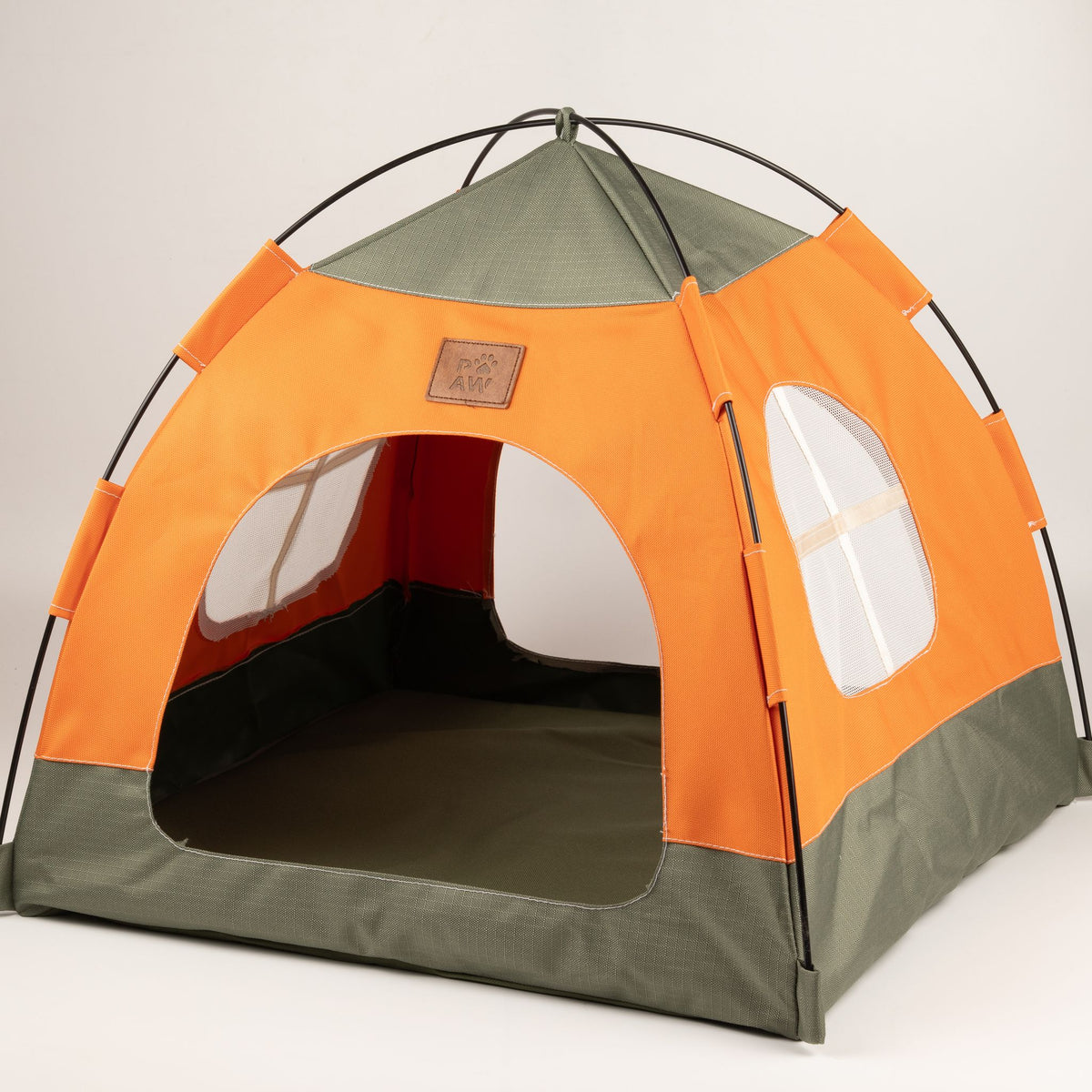 Petspuff Cosy Pet Tent Bed – Covered Hideaway Den with Cushion | Green & Orange, 48cm