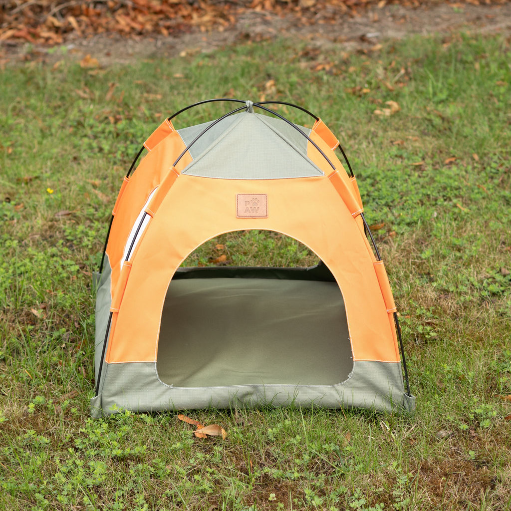 Petspuff Cosy Pet Tent Bed – Covered Hideaway Den with Cushion | Green & Orange, 48cm