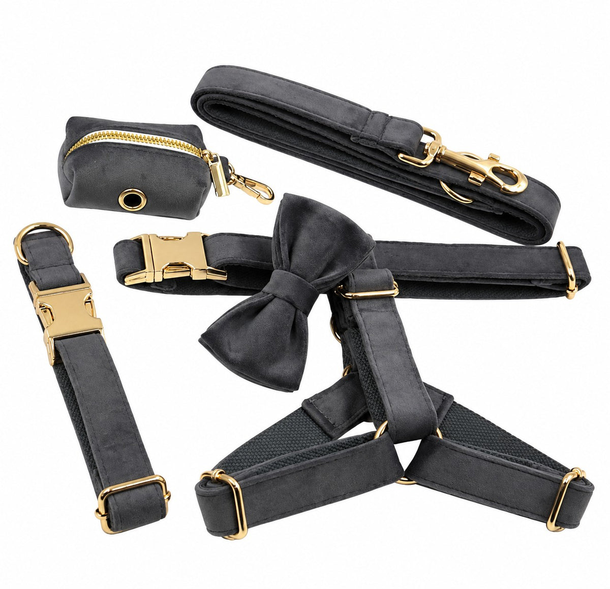 Petspuff Dark Grey Step-In Harness Set – 5 Piece with Lead, Collar, Bow & Poop Bag Holder | Small Dogs & Cats
