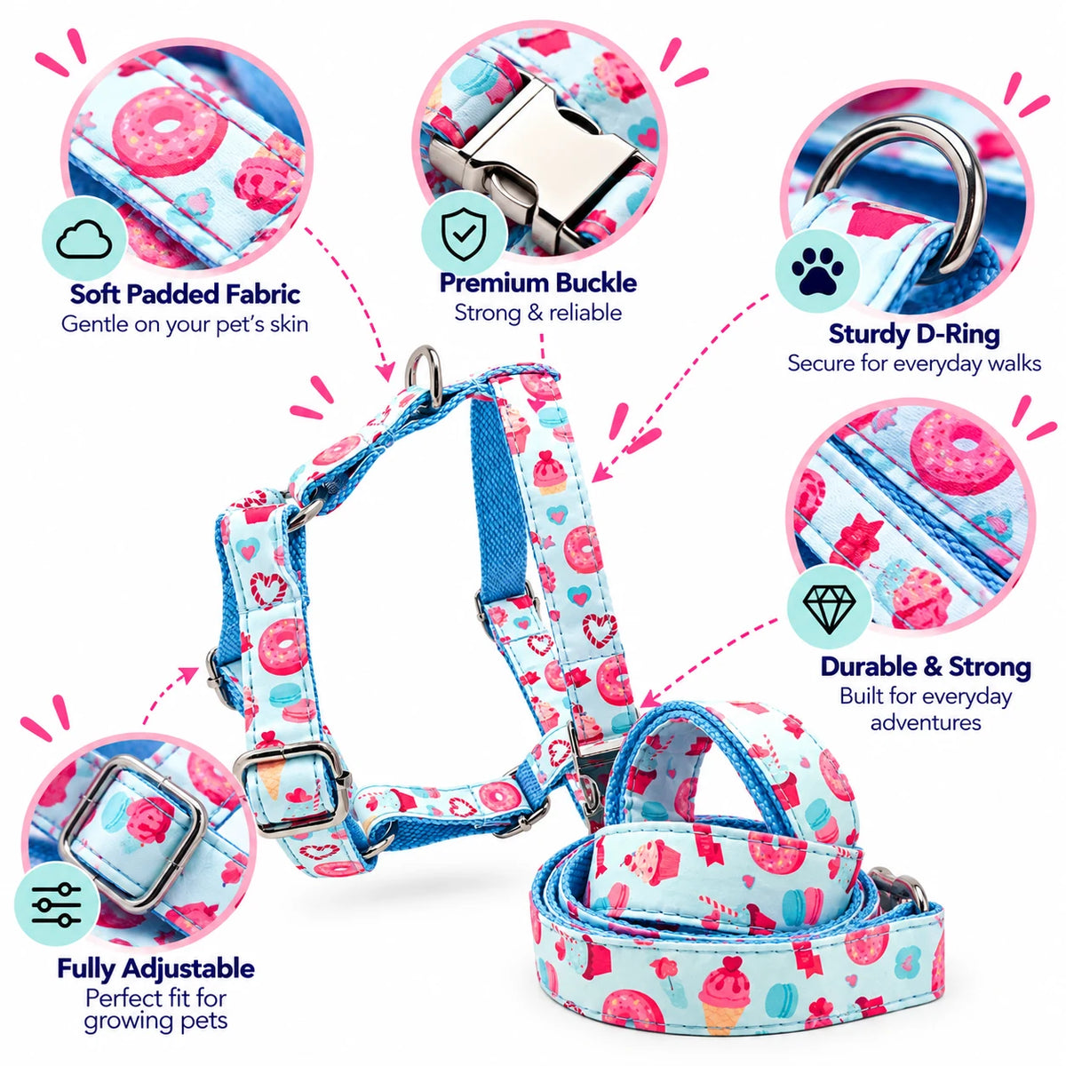 Petspuff Donut Bonut Print Step-In Harness & Lead Set – 2 Piece | Small Dogs, Puppies & Cats