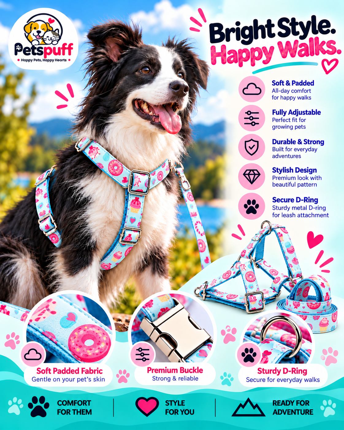 Petspuff Donut Bonut Print Step-In Harness & Lead Set – 2 Piece | Small Dogs, Puppies & Cats