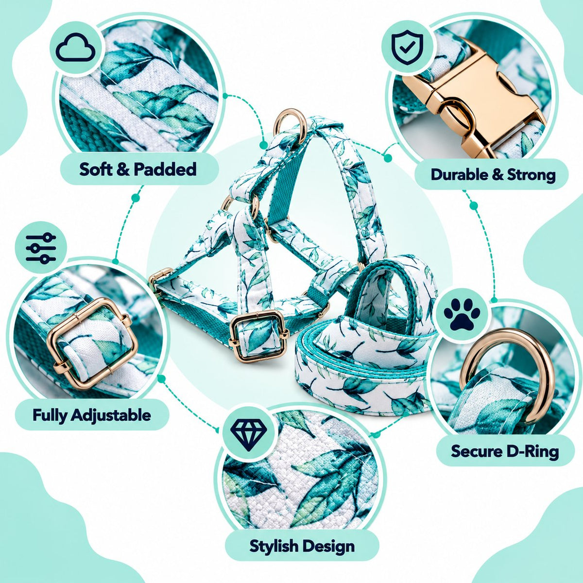 Petspuff Mint Leaf Step-In Harness & Lead Set – 2 Piece | Small Dogs, Puppies & Cats