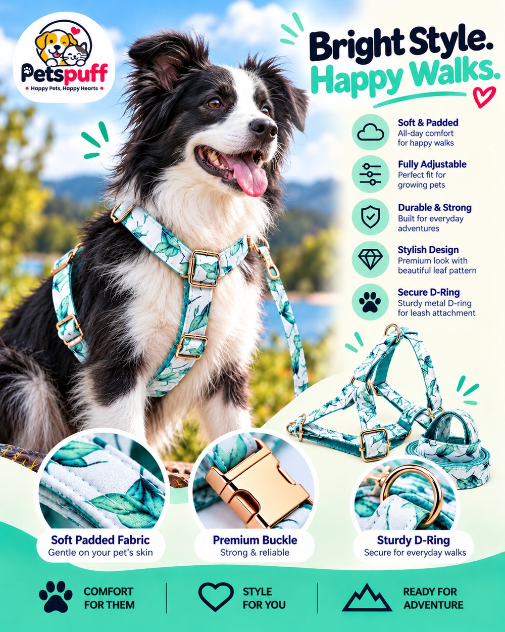 Petspuff Mint Leaf Step-In Harness & Lead Set – 2 Piece | Small Dogs, Puppies & Cats