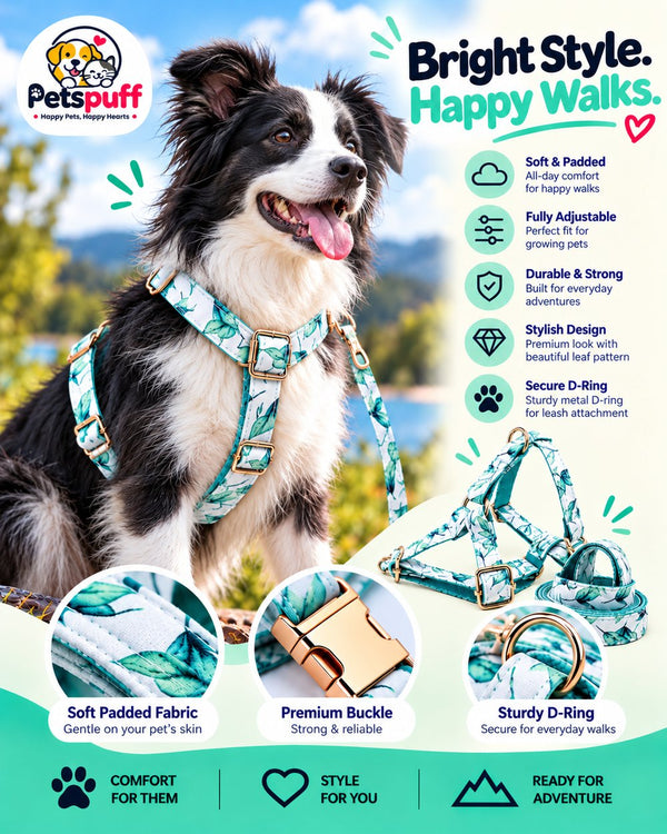 Petspuff Mint Leaf Step-In Harness & Lead Set – 2 Piece | Small Dogs, Puppies & Cats