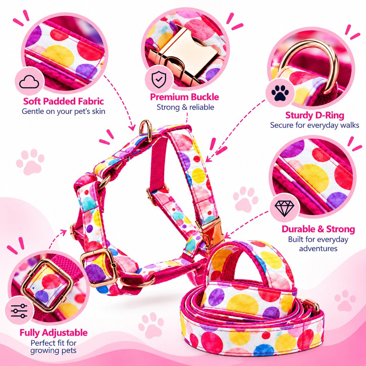 Petspuff Oh My Bubbles Print Step-In Harness & Lead Set – 2 Piece | Small Dogs, Puppies & Cats