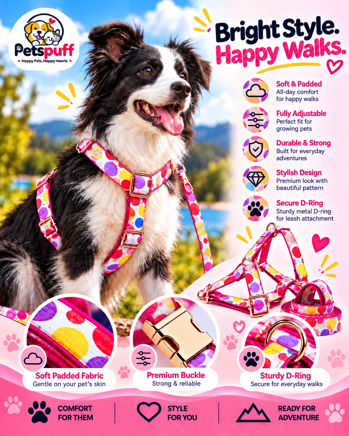 Petspuff Oh My Bubbles Print Step-In Harness & Lead Set – 2 Piece | Small Dogs, Puppies & Cats