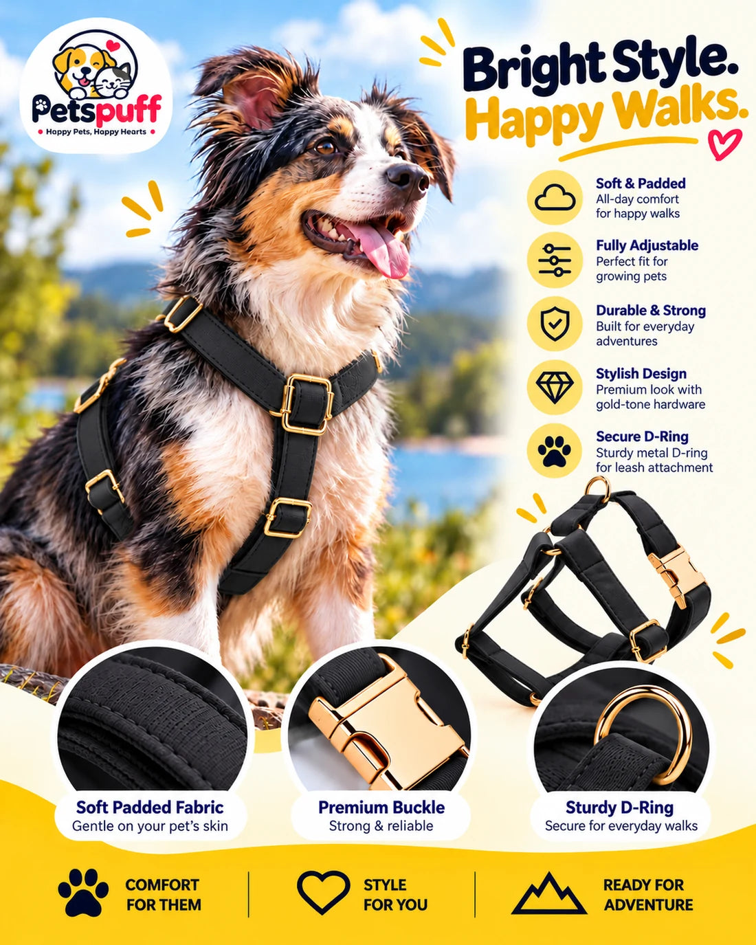 Petspuff Dark Grey Step-In Harness for Small Dogs, Puppies & Cats – Adjustable, Lightweight