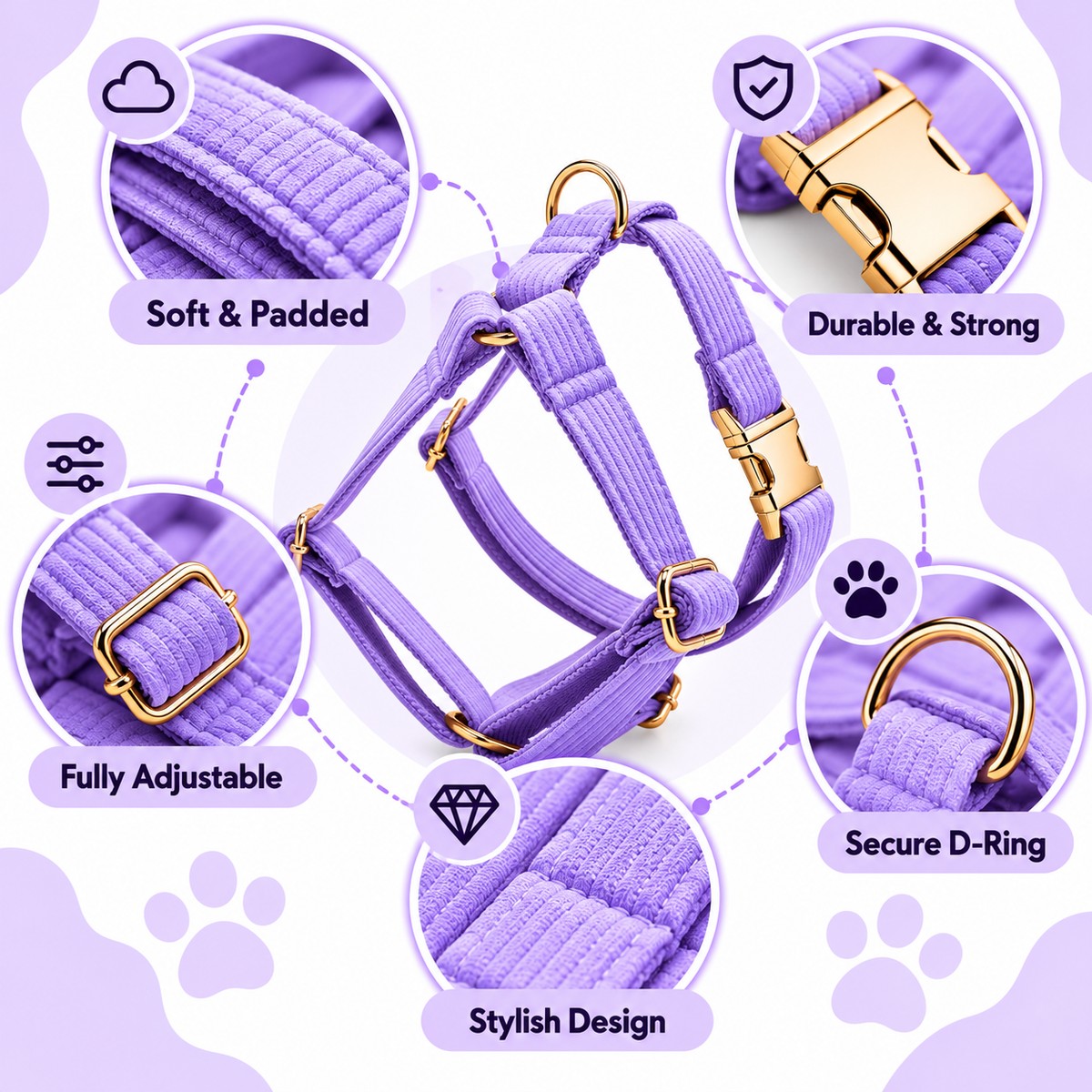 Petspuff Bright Purple Step-In Harness for Small Dogs, Puppies & Cats – Adjustable, Lightweight