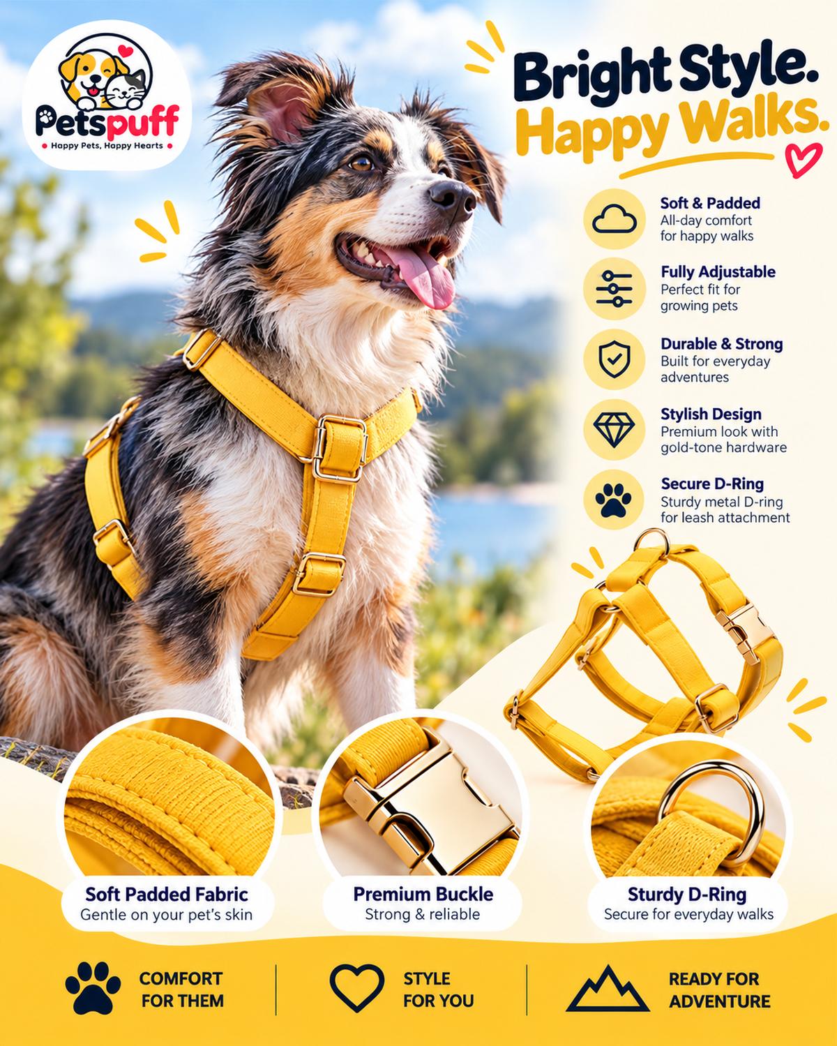 Petspuff Dark Yellow Step-In Harness for Small Dogs, Puppies & Cats – Adjustable, Lightweight