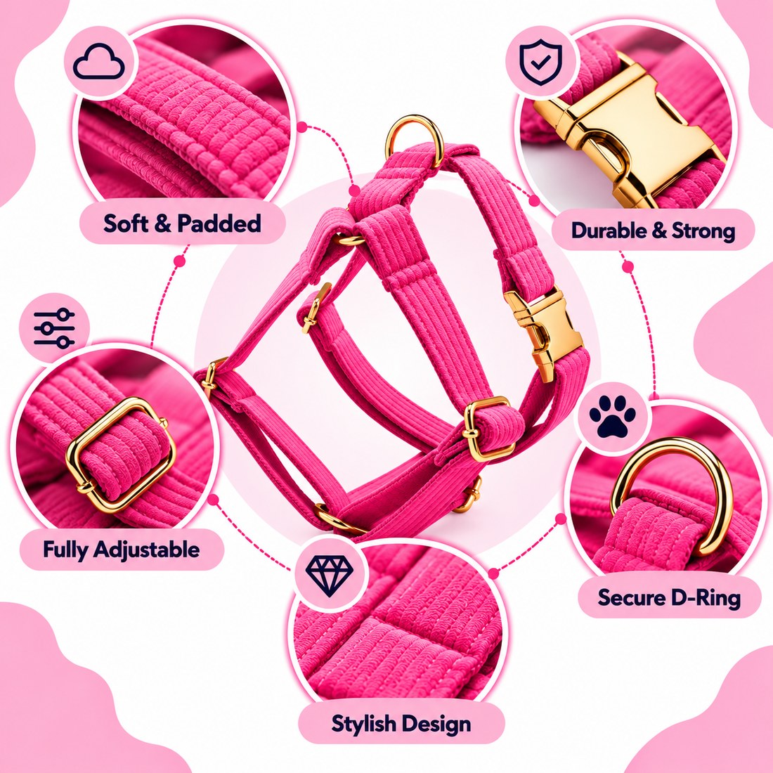 Petspuff Rose Pink Step-In Harness for Small Dogs, Puppies & Cats – Adjustable, Lightweight