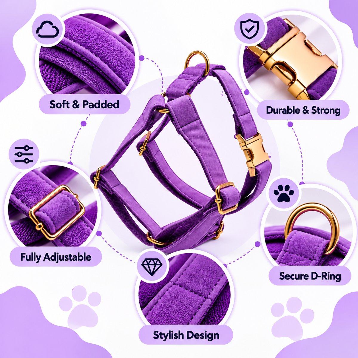 Petspuff Dark Purple Step-In Harness for Small Dogs, Puppies & Cats – Adjustable, Lightweight