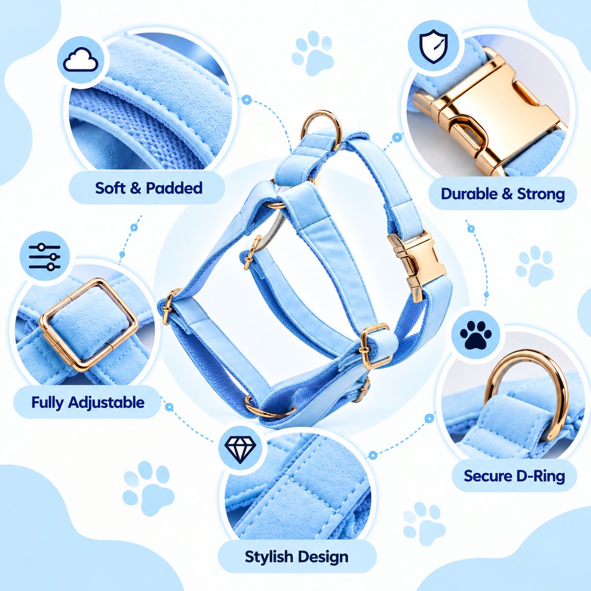 Petspuff Sky Blue Step-In Harness for Small Dogs, Puppies & Cats – Adjustable, Lightweight