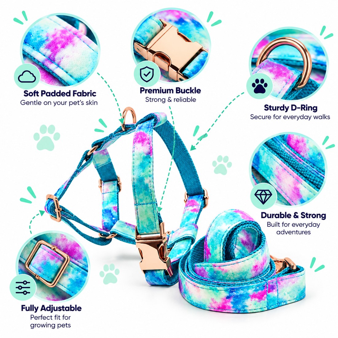 Petspuff Sky Blue Step-In Harness & Lead Set – 2 Piece | Small Dogs, Puppies & Cats