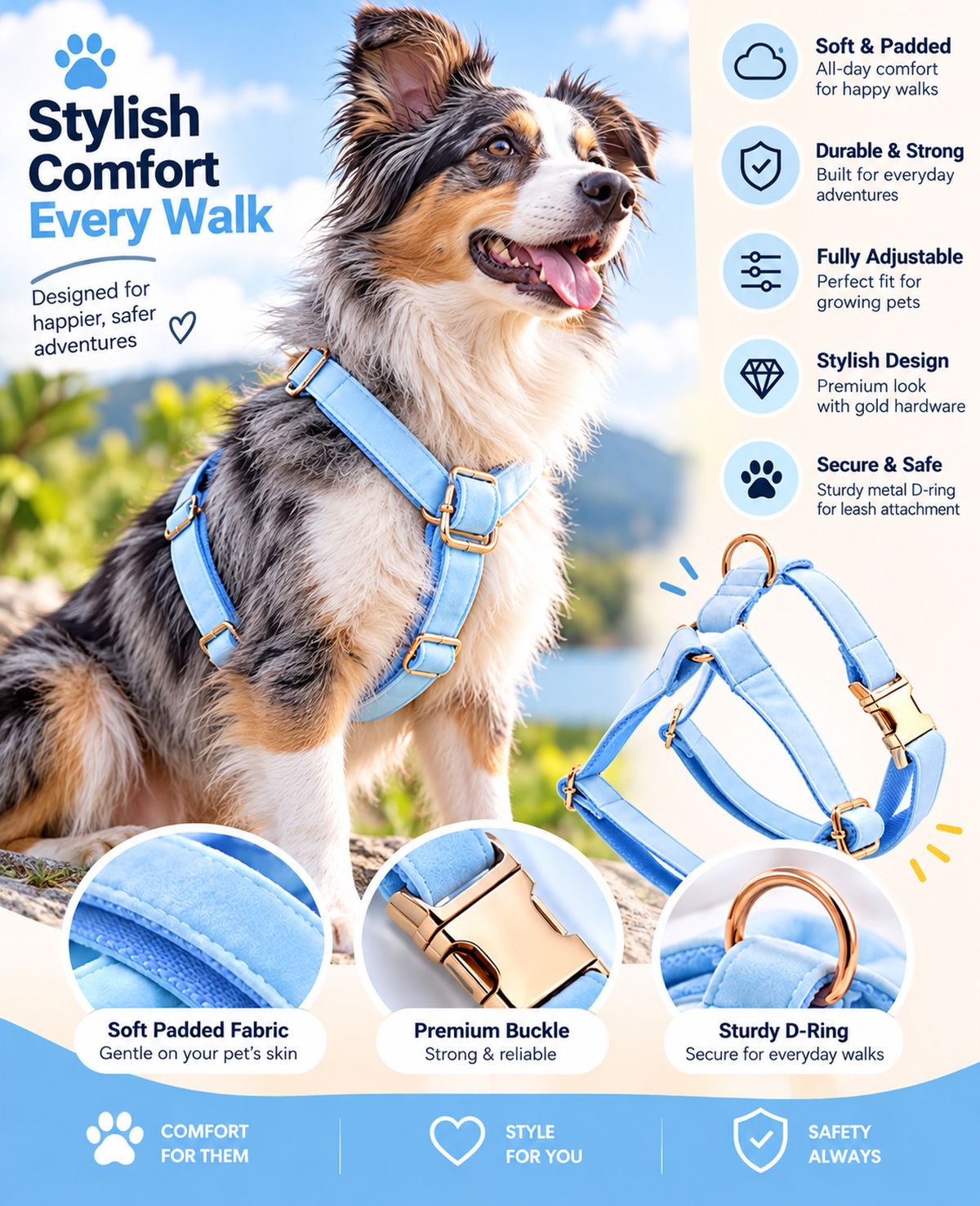 Petspuff Sky Blue Step-In Harness for Small Dogs, Puppies & Cats – Adjustable, Lightweight