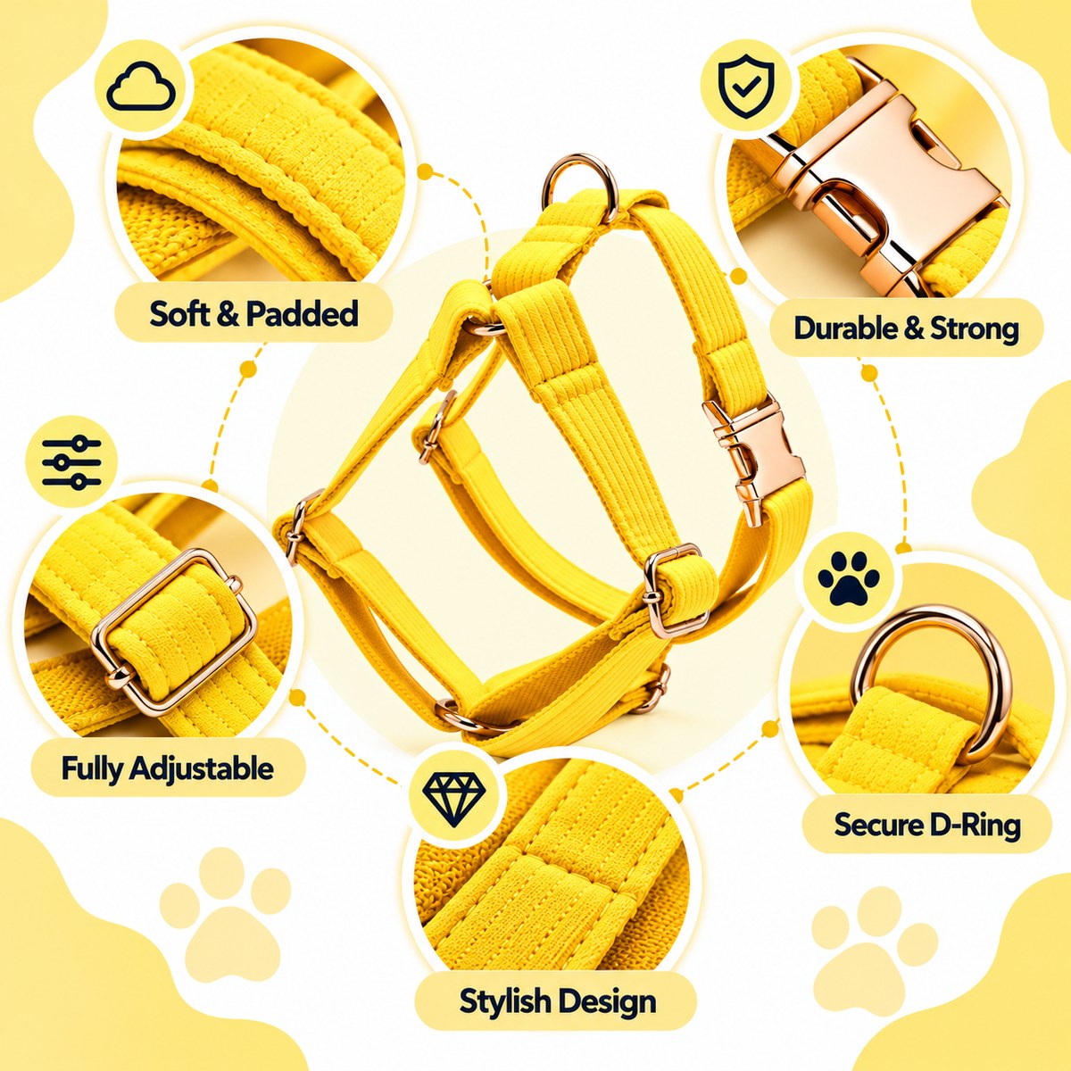 Petspuff Bright Yellow Step-In Harness for Small Dogs, Puppies & Cats – Adjustable, Lightweight