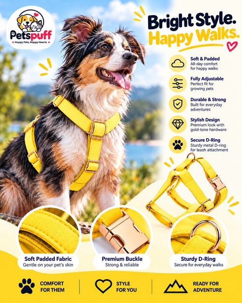 Petspuff Bright Yellow Step-In Harness for Small Dogs, Puppies & Cats – Adjustable, Lightweight