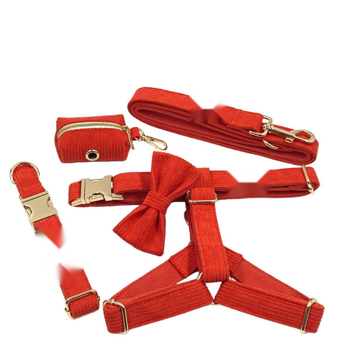 Petspuff Orange Red Step-In Harness Set – 5 Piece with Lead, Collar, Bow & Poop Bag Holder | Small Dogs & Cats