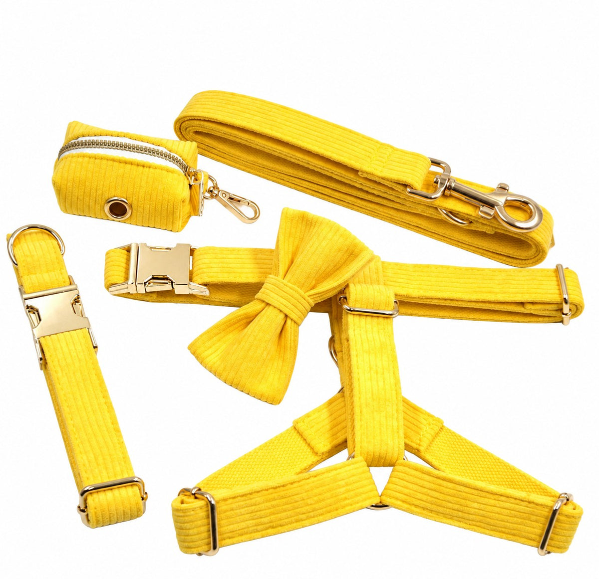 Petspuff Bright Yellow Step-In Harness Set – 5 Piece with Lead, Collar, Bow & Poop Bag Holder | Small Dogs & Cats